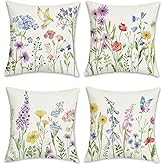 Bonhause Spring Floral Throw Pillow Covers 18 x 18 Inch Garden Flowers Birds Decorative Pillows Polyester Linen Outdoor Cushion Cases for Couch Sofa Bed Home Decor Set of 4
