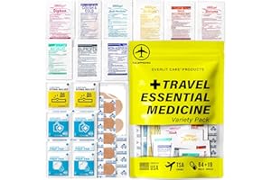EVERLIT CARE Travel Essential Medicine First Aid Kit Refill Pack I Bonus Medical Supplies I TSA Compliant Mini Size Medkit for Traveling Camping Trips Individually Packed 64 Tablets