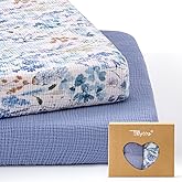 TILLYOU Muslin Mini Crib Sheets 2 Pack, Pack and Play Mattress Sheets Fitted for Pack N Play, 38'' x 26'' Sheet for Toddler, Blue Flower