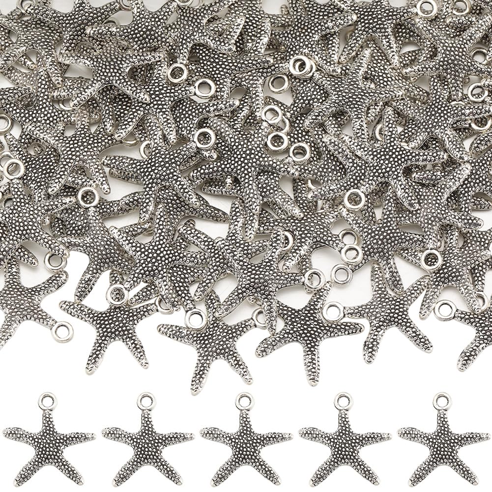 SUNNYCLUE 1 Box 100PCS Silver Starfish Charm Starfish Charms Bulk Tibetan Alloy Retro Ocean Life Sea Animal Summer Vintage Charm for jewellery Making Charms Supplies DIY Earrings Necklaces Bracelets
