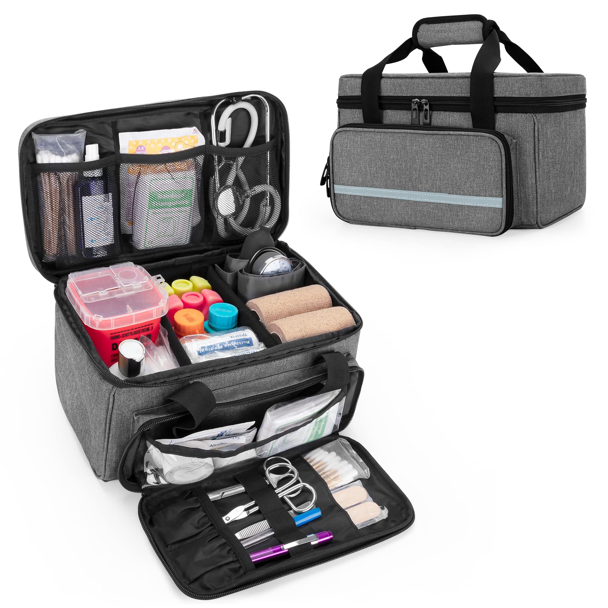 CURMIO Small First Aid Bag Empty, Family First Aid Kit Case, Medicine Storage Organiser Box for Home and Travel, Grey(Patent Pending)