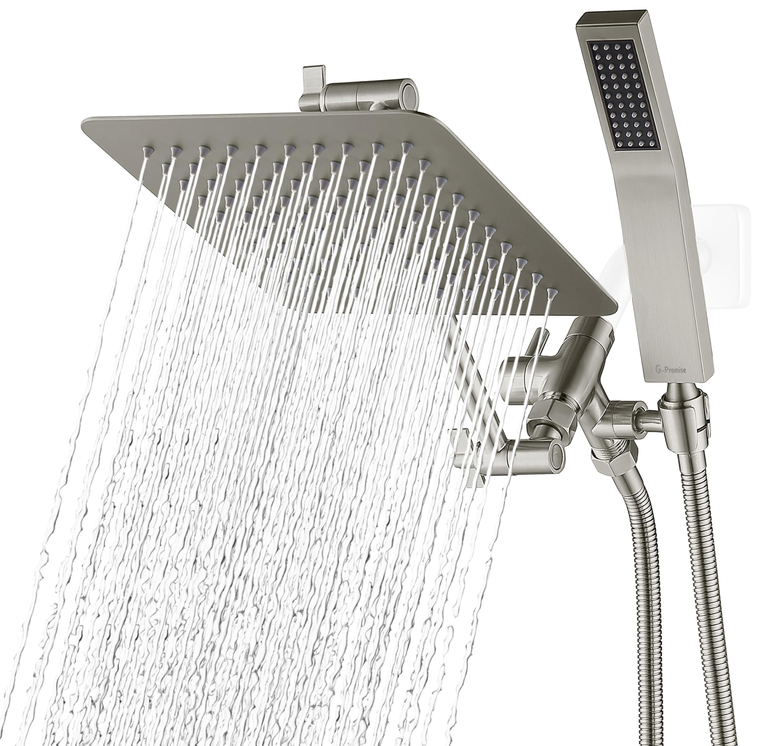 Photo 1 of G-Promise All Metal 8 Inch Dual Square Shower Head with Handheld Spray Combo, Rain Shower Head, Adjustable Extension Arm, 3-Way Diverter, 71 Inch Extra Long Hose - A Bathroom Upgrade (Brushed Nickel)