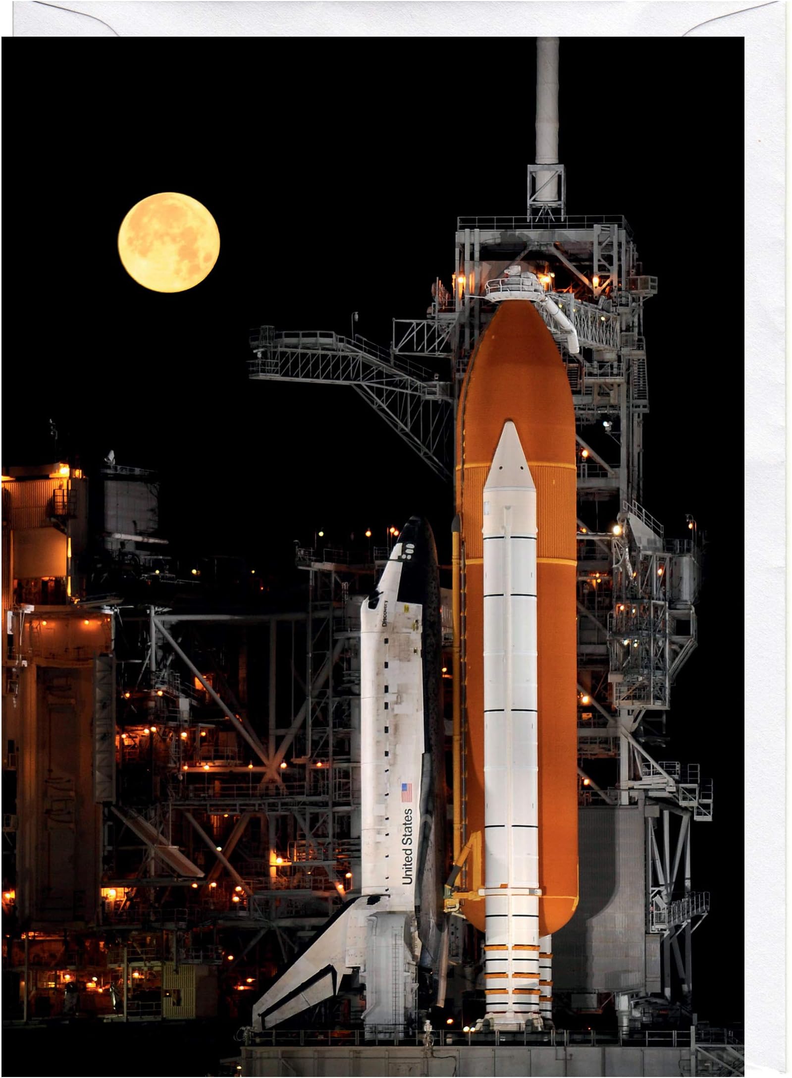 Space Shuttle Discovery on The Launch Pad at Night. Blank Greeting Card