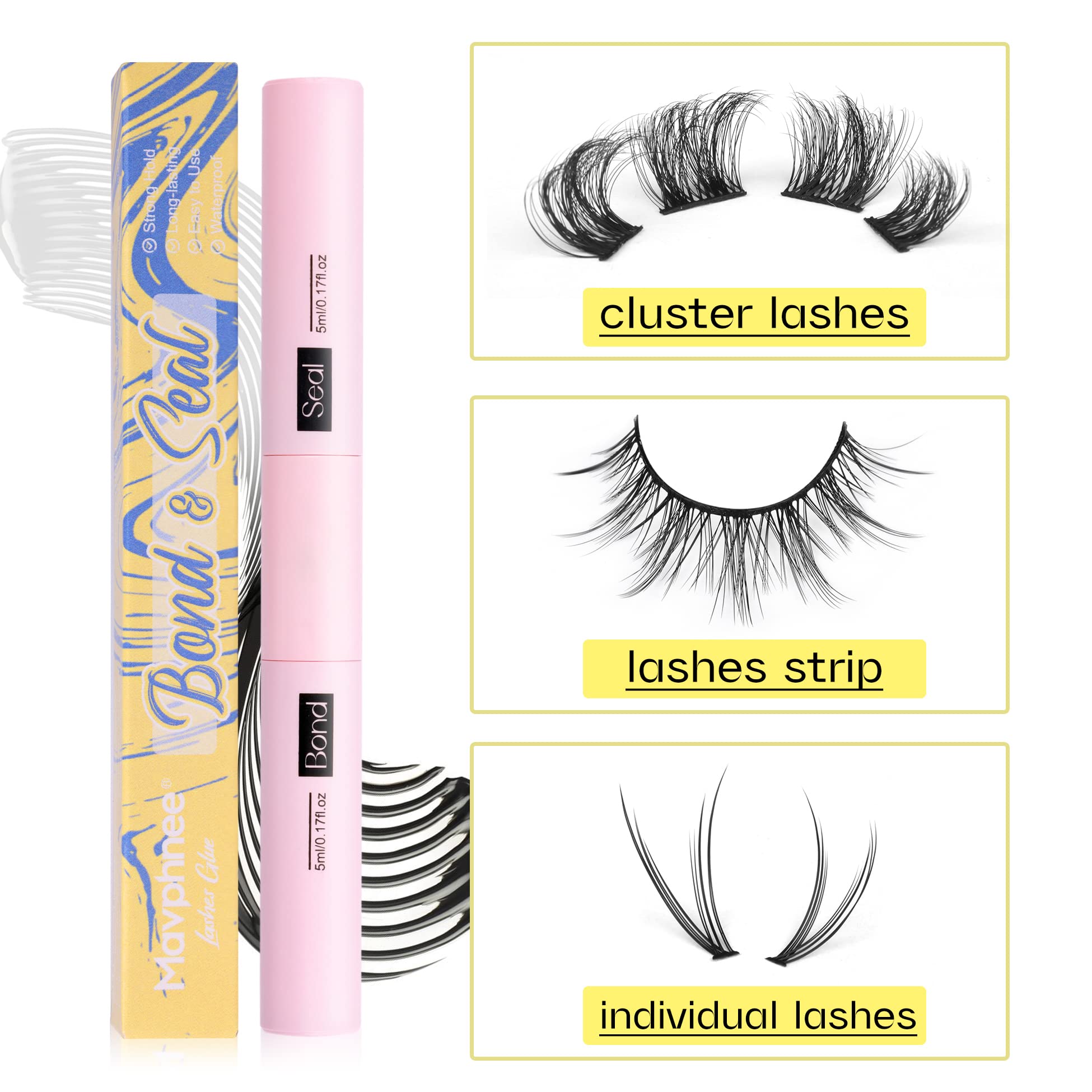 Lash Glue Bond and Seal Long Lasting Strong Hold Waterproof 2 in 1 Cluster Eyelash Glue for DIY Lash Extensions by Mavphnee
