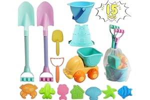 IOKUKI Long Shovels Sand Toys Set with Mesh Bag Including Dump Truck, Beach Buckets, Shovels, Rakes, Molds, Outdoor Beach Toys Tool Kit for Kids, Toddlers, Boys and Girls (15 PCS) Age 3+