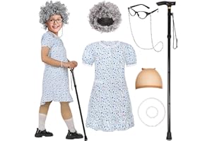 SIZGAROOT Old Lady Costume for Kids Girls 100 Days of School Costume with Accessories, Halloween Party Dress Up