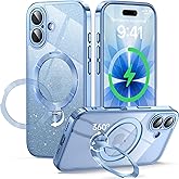 360° Spin CD Stand for iPhone 17 Case Compatible with Magsafe Ring [Never Yellow][DIY Glitter Cardstock] Camera Protection Plating Clear Cute Phone Case for Women Girls 6.3'', Mist Blue