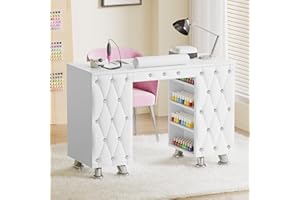 Kikihouse Manicure Table, Nail Desk w/Dust Collector & Wrist Rest, Nail Salon Station Acetone Resistant Workstation w/Drawers, Cabinet, White Leather Pad with Diamonds