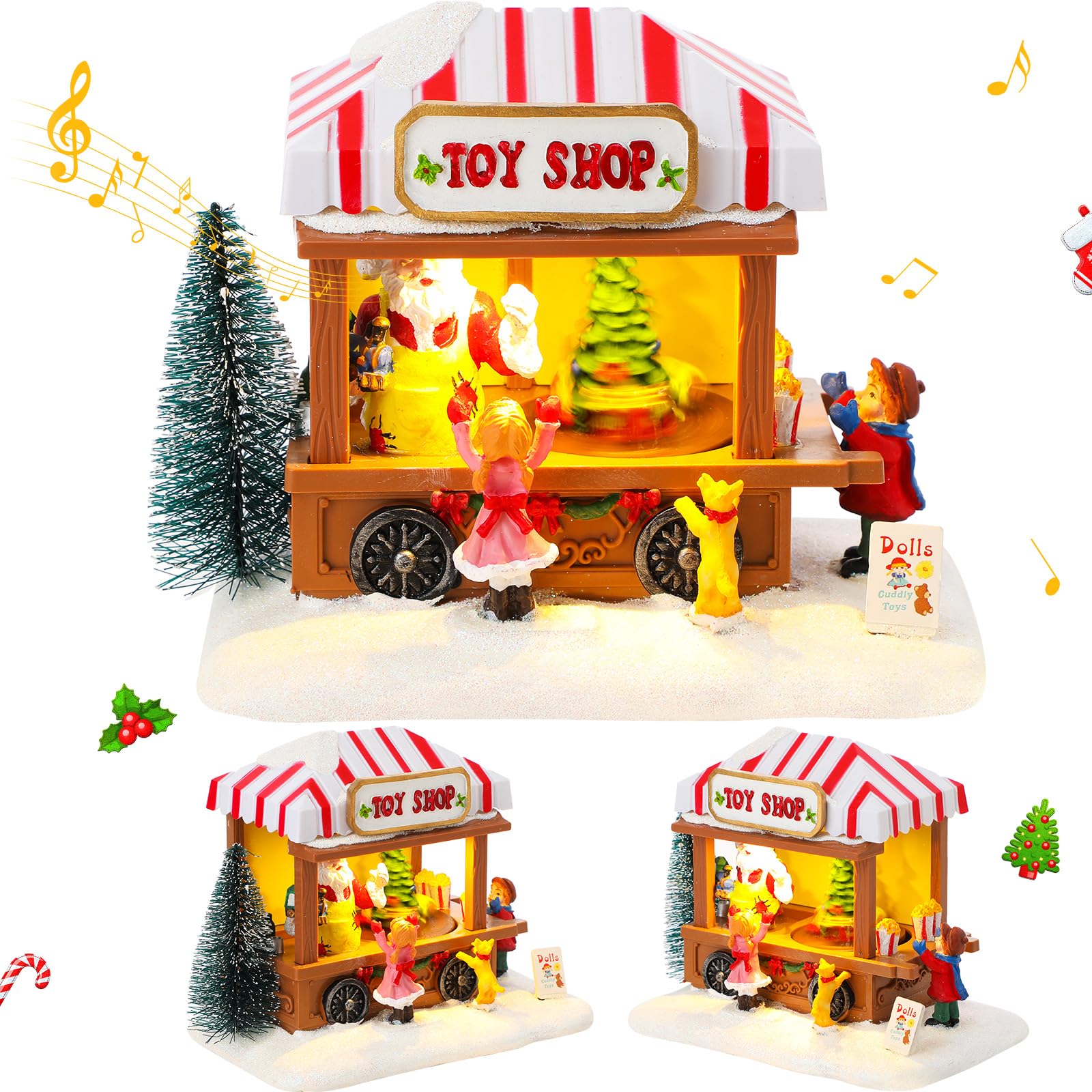 Photo 1 of Unittype Christmas LED Lighted Popcorn Wagon Battery Operated Popcorn Stand Resin Musical Animated Christmas Scene Snow House LED Decoration Craft with Light for Village Home Table Display (Toy Shop)