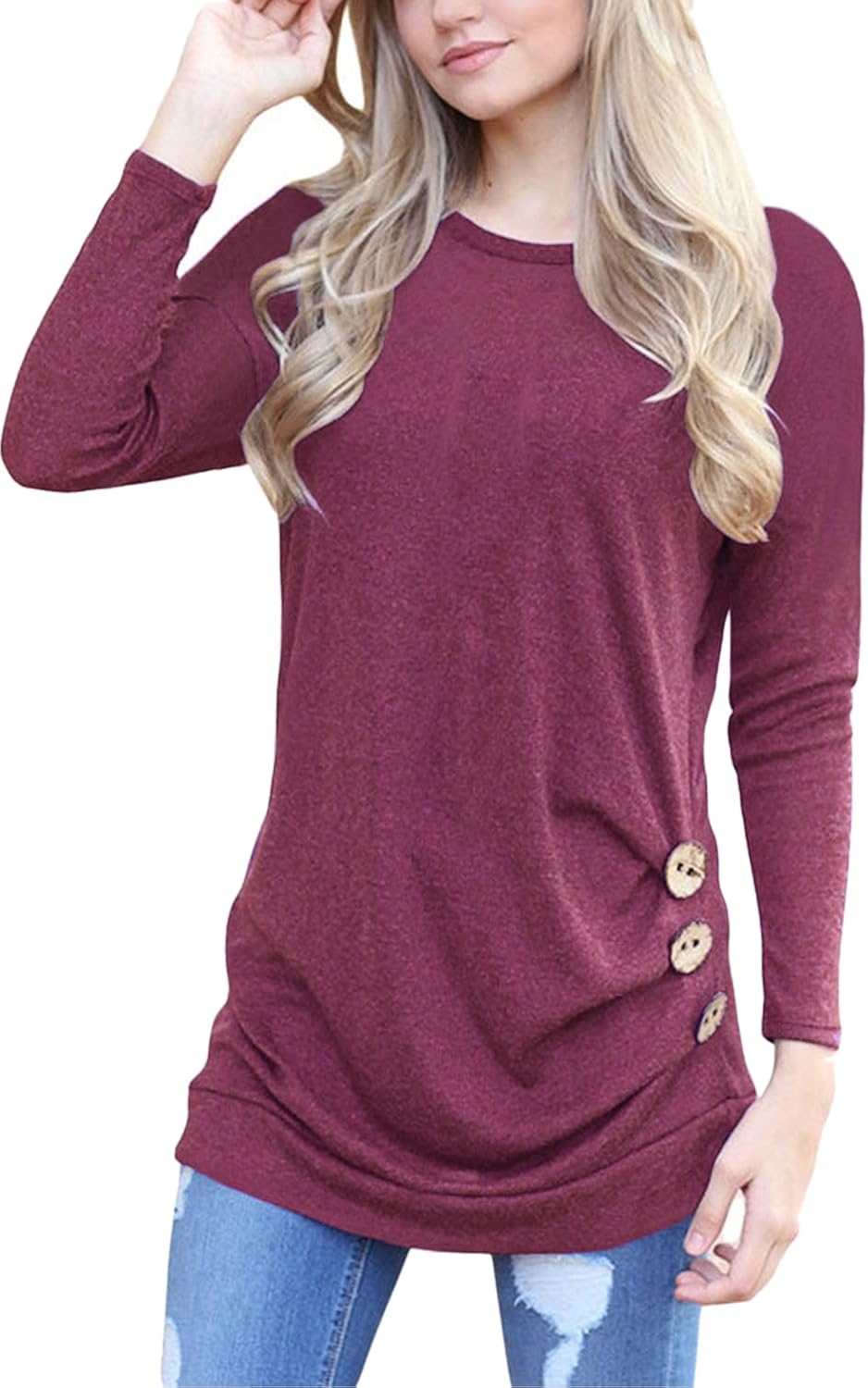 ECOWISH Women's Casual Long Sleeve Round Neck Loose Tunic T Shirt Blouse Tops