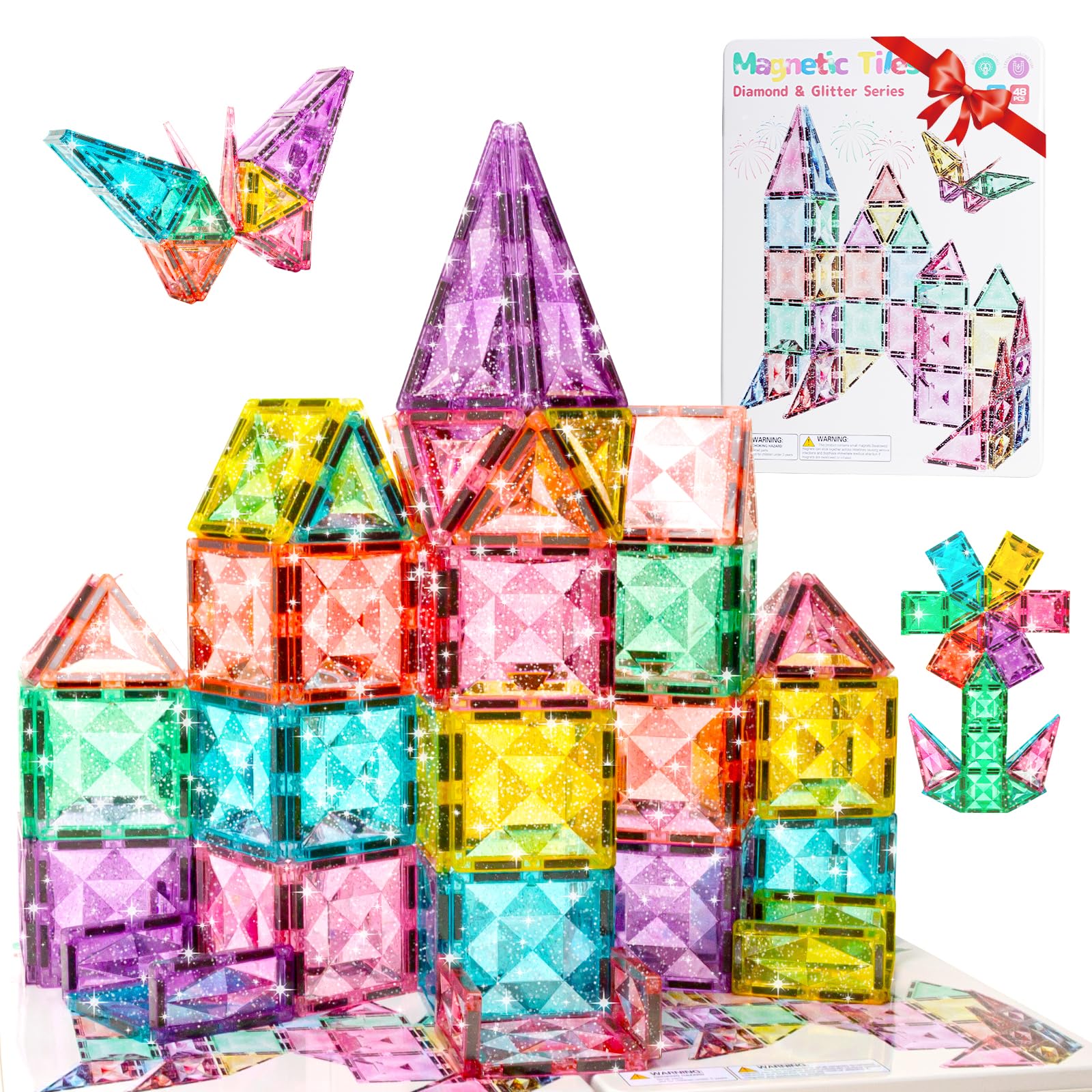YOGOHEE 48pcs Large Glitter Magnetic Tiles 7.5cm Diamond-Shaped Magnetic Building Set with Storage Tin Box STEM Educational & Sensory Toysfor Children Aged 3-8+ Years — image 1