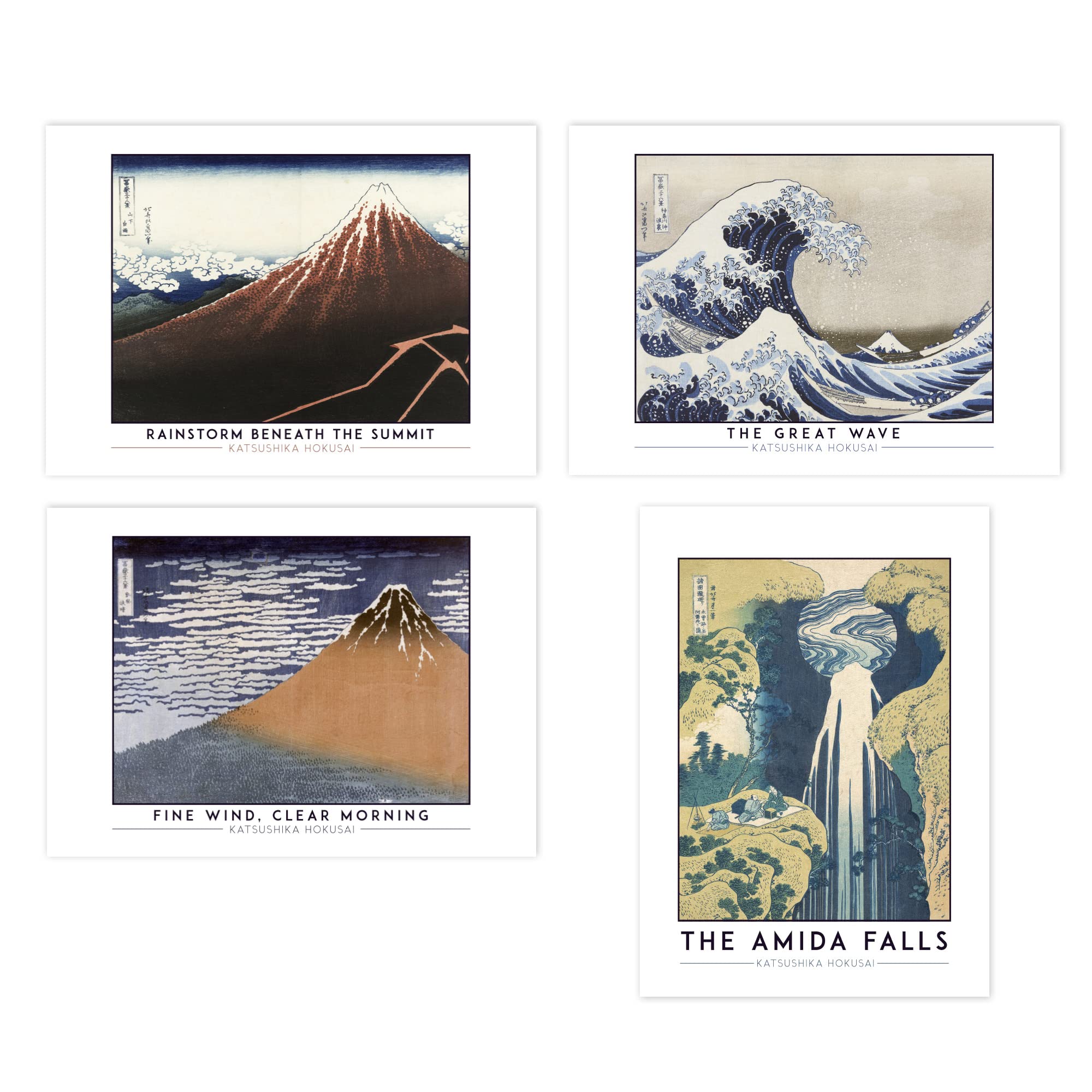 Wee Blue Coo Classic Paintings Hokusai Mount Fuji Great Wave Amida Falls Rainstorm Summit Fine Wind Clear Morning A4 Poster Pack of 4 Wall Art