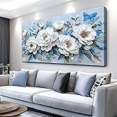 WLWBINTING Canvas Wall Art For Bedroom Large Wall Decor For Living Room Textured Flowers Paintings White Peonies Pictures Canvas Print Artwork Modern Office Home Room Decoration Mural 20" X 40"