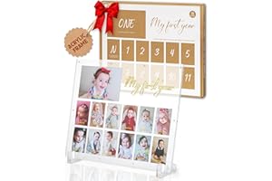 LOOKEY My First Year Acrylic Baby Picture Keepsake Frame, Wall Hanging, Tabletop, Monthly Milestone, 12 month Photos, Nursery Décor, First Birthday Monthly Photo Collage, Baby Shower, New Mom Gift