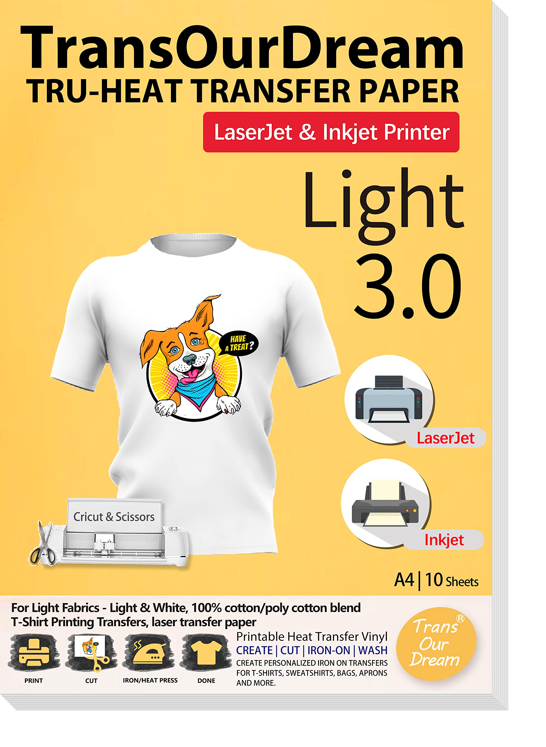TransOurDream Tru-T Shirt Heat Transfer Paper 10 Sheets A4 Iron On Transfers for Inkjet & Laser Printer Printable HTV Heat Transfer Vinyl for White and Light Fabrics,Easy to Cut(TOD-03-10)