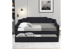 HARPER & BRIGHT DESIGNS Upholstered Twin Size Daybed with Trundle, Polyester Fabric Tufted Sofa Bed, Wheeled Trundle Twin Daybed with Wood Frame,Twin Sofa Bed for LivingRoom, Bedroom, No Box Spring Needed (Black)