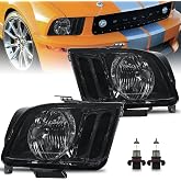 KUIPERAUTO Headlights Assembly Compatible for 2005 2006 2007 2008 2009 Ford Mustang w/Black Housing Smoke Lens Bulbs Included Driver and Passenger Side Headlights