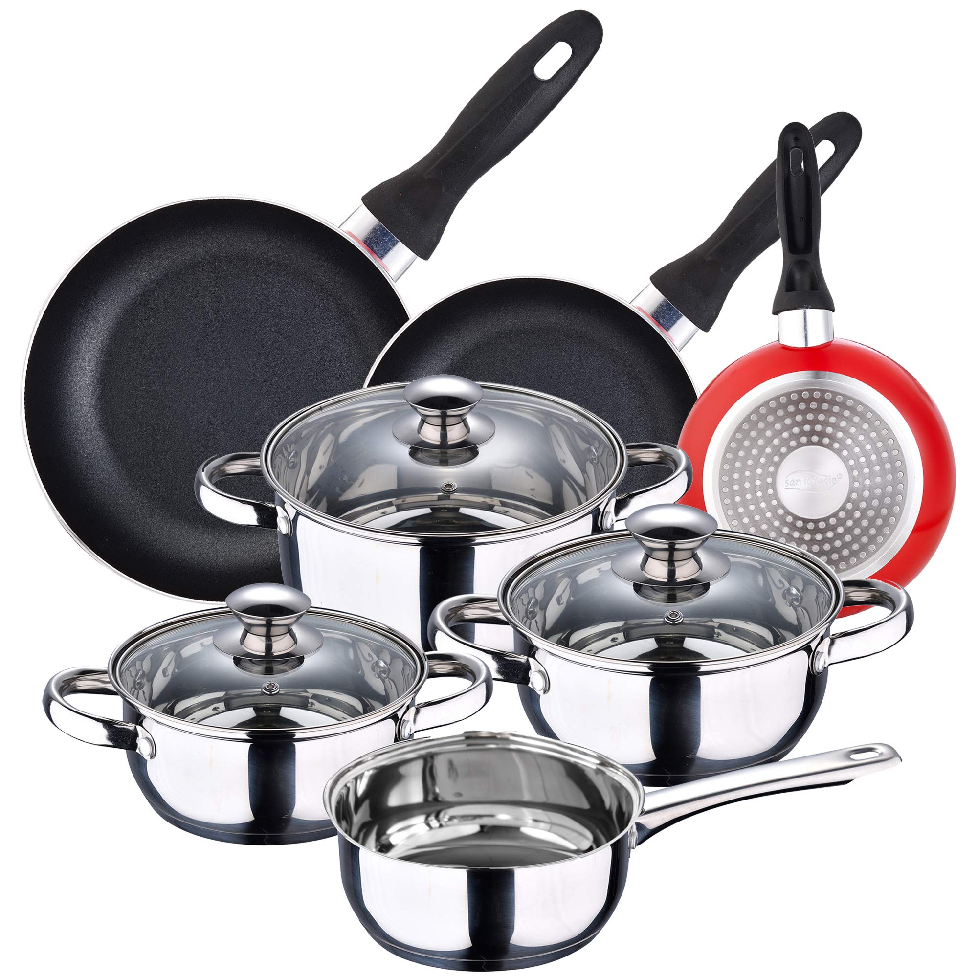 San-Ignacio-Set-3-sartenes-Bateria-7-piezas-Faro-O16O20O24-cms-rojo-aluminio-prensado-antiadherente-induccion