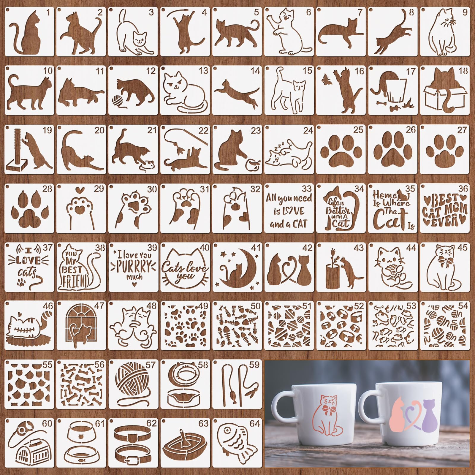 OOTSR 64pcs Cat Stencils for Painting,3.9" Cat Paw Stencils for Crafts Reusable Kitten Stencil for Card Making Animals Crafts on Wall Wood Floor Decor