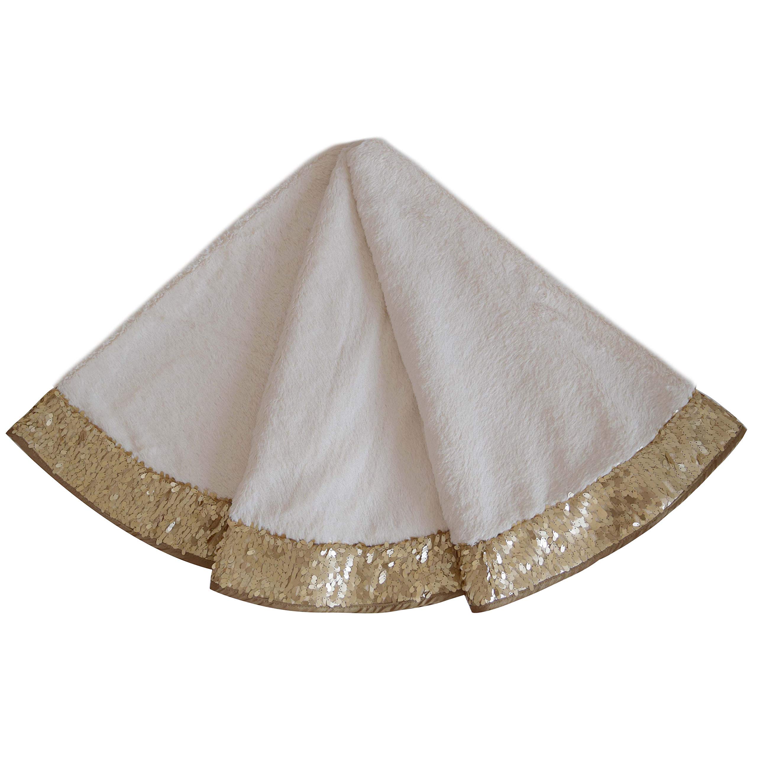 Gireshome Soft Warm Faux Fur With Gold Shimmer Metallic Center, Gold Sparkle Glitter Border,Tie Closure Christmas Tree Skirt-48inch