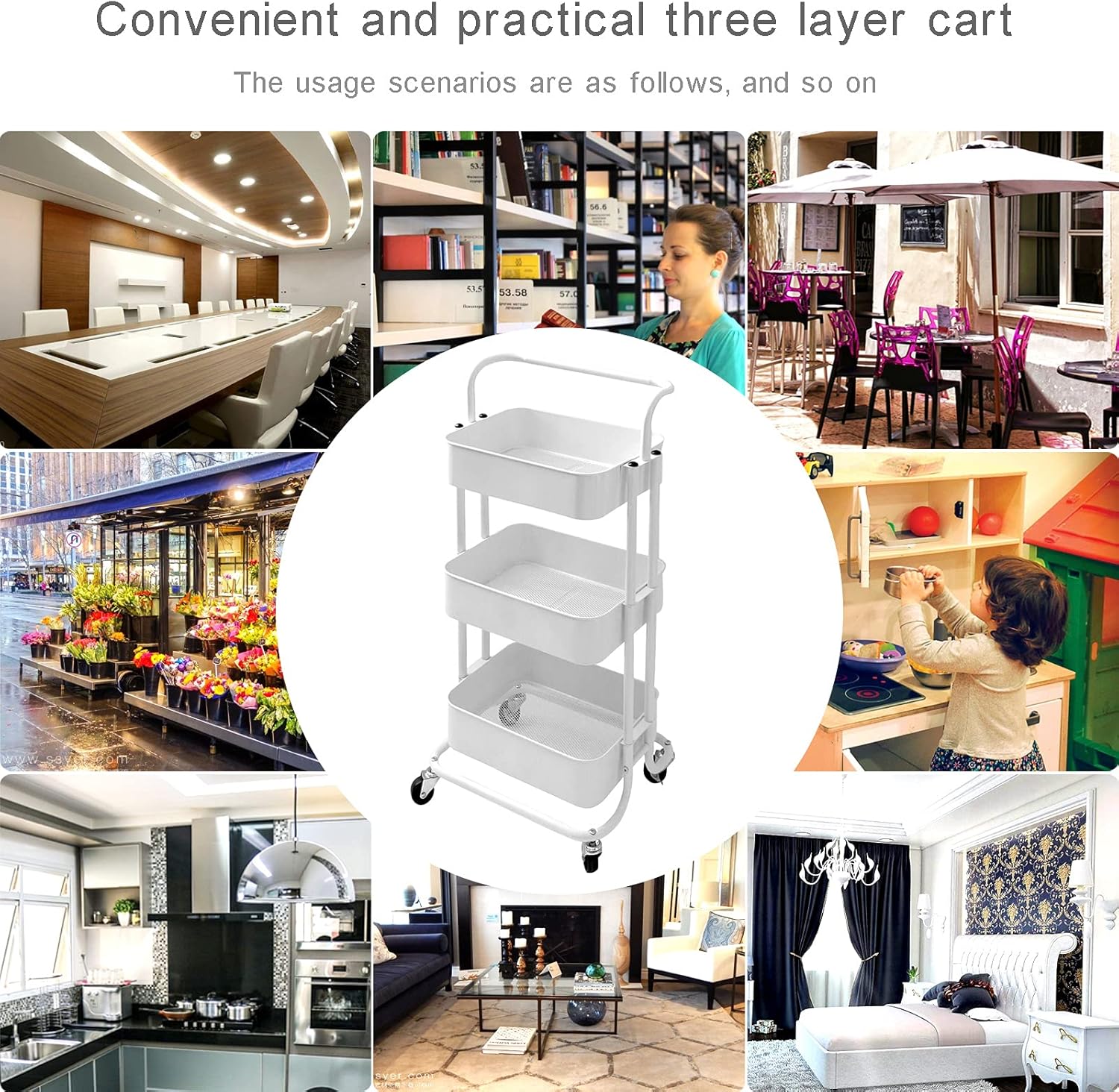 DOSURBAN 3 Tier Rolling Utility Cart with Wheels, Multifunctional Metal Storage Organizer Shelves with Mesh Baskets and Handle, Rolling Trolley Service Cart for Salon, Kitchen, Office, Bathroom: Kitchen & Dining
