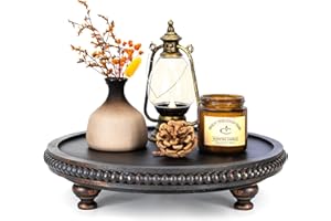 EOSAHR Rustic Round Pine Wooden Display Riser – Beaded Pedestal Stand for Decor, Kitchen Counter Organizer, Coffee table & Cake Stand - Decorative Display Risers for Living Room Decor (Old Black)