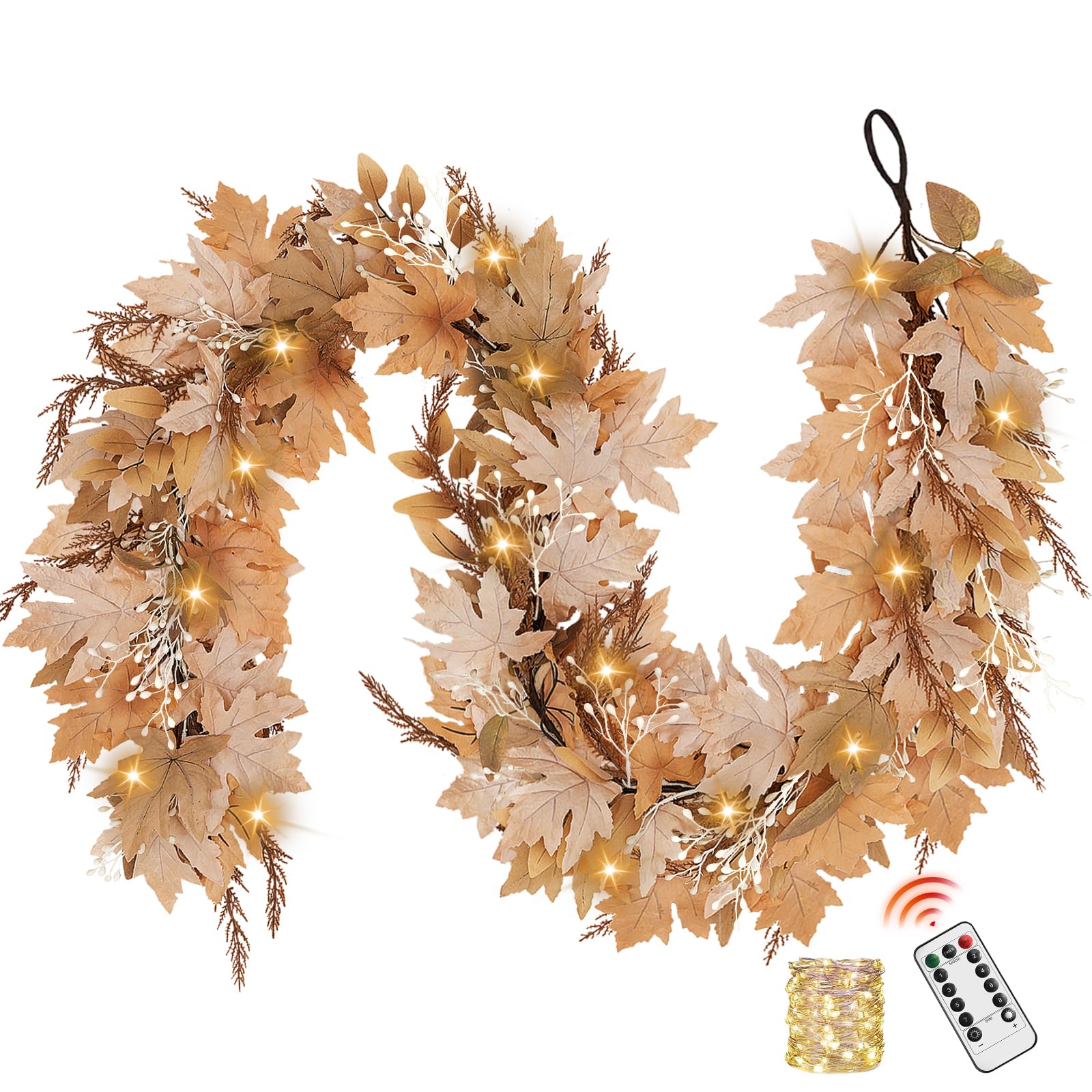 Photo 1 of NUTIKAS Neutral Fall Garland with Lights - 6 Ft Lighted Fall Felt Leaves for Mantle Outdoor Decor Light Up Autumn Leaf for Home Fireplace Decorations