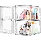 Vtopmart 4 Pack Large Stackable Storage Drawers,Easily Assemble Acrylic Bathroom Closet Undersink Organizers and Storage,Plastic Bins for Kitchen Cabinets,Pantry,Makeup,Medicine Organization