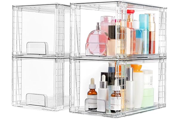 Vtopmart 4 Pack Large Stackable Storage Drawers,Clear Acrylic Drawer Organizers with Handles, Easily Assemble for Bathroom,Ki