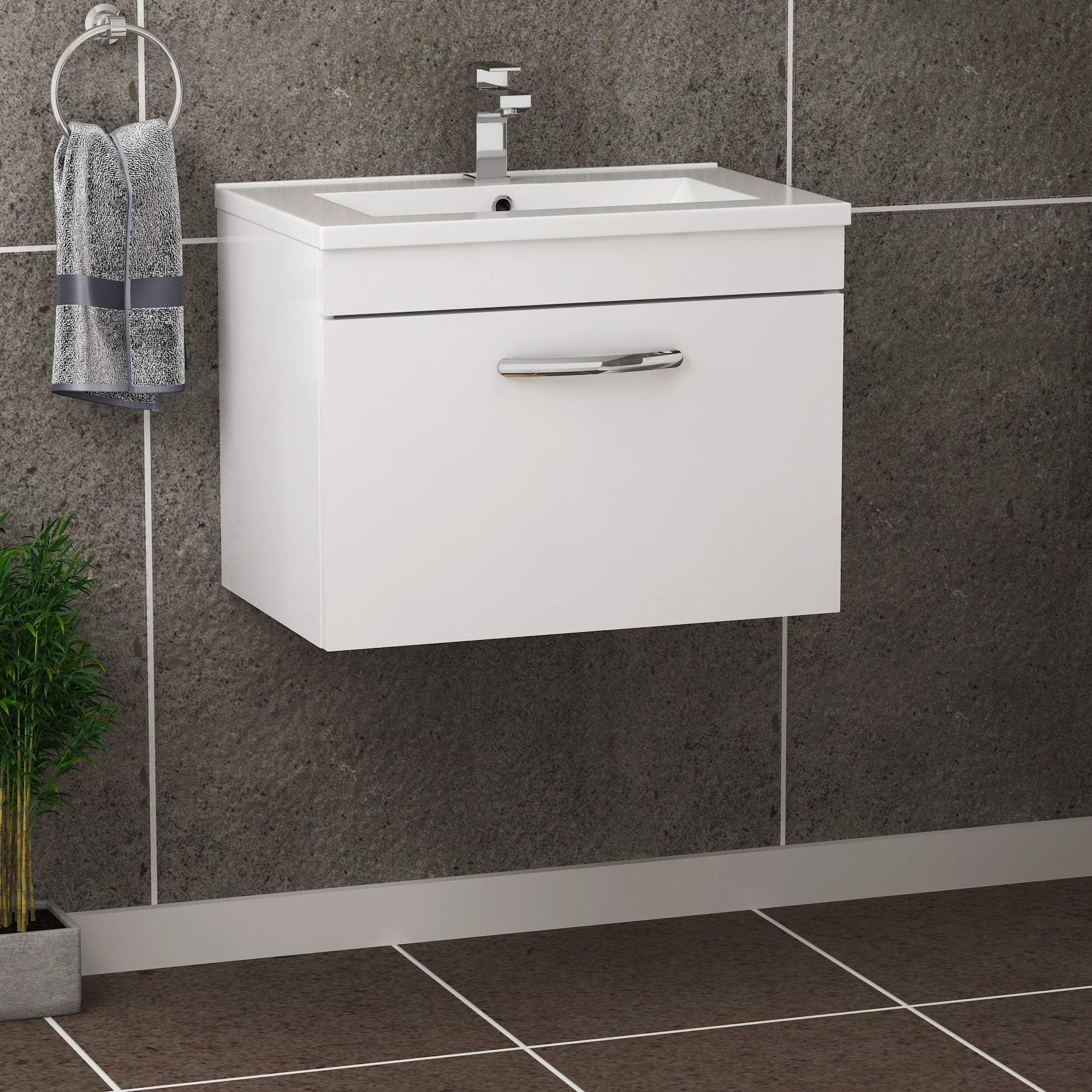 600mm Wall Hung Bathroom Vanity Unit Minimalist Basin 1 Drawer Storage Cabinet Furniture - Gloss White