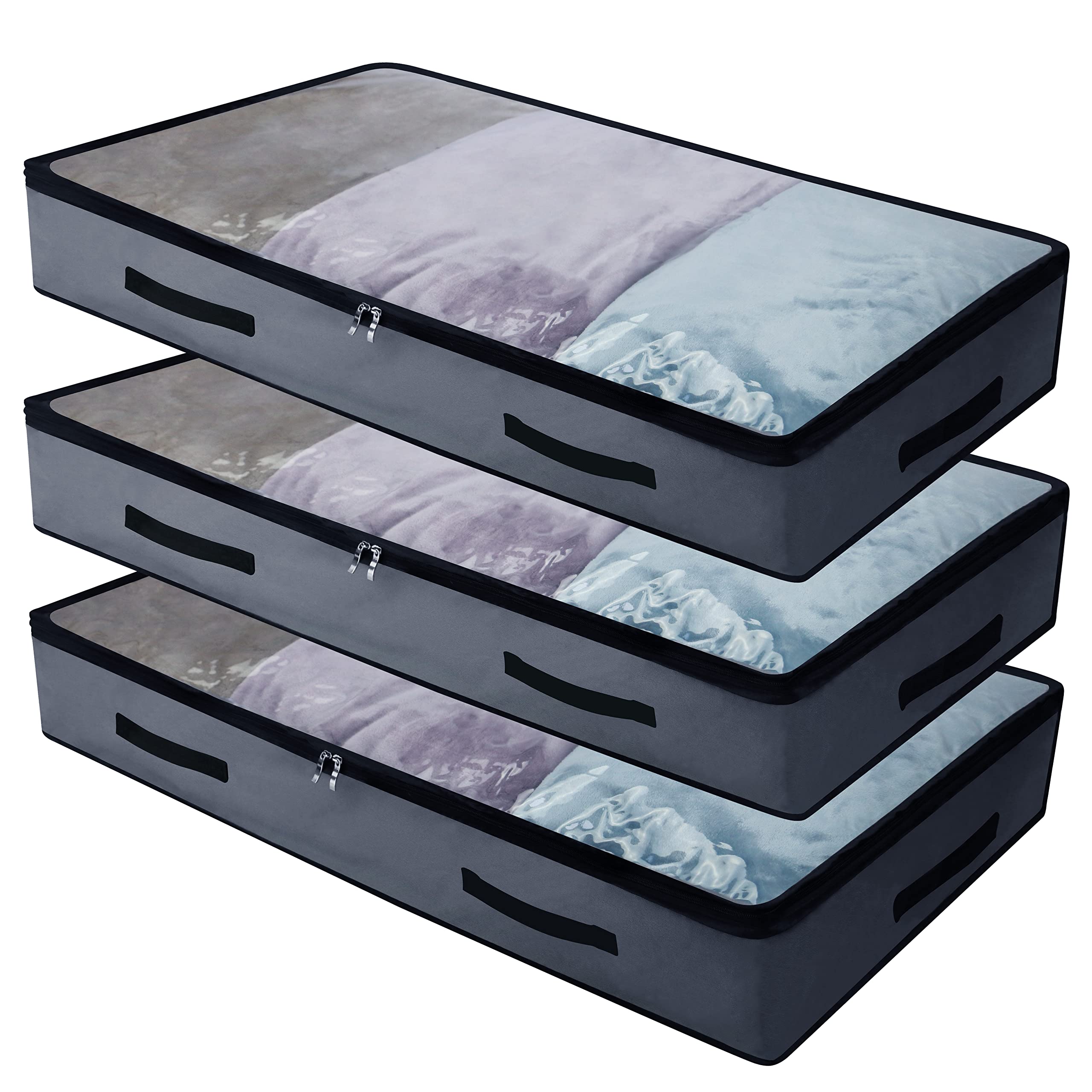 iwill CREATE PRO Underbed Storage Bags Large with Clear Window and 3 Grips, Set of 2 Blankets, Clothes Organiser Container, Comforter Quilt Storage Bag, Dark Grey, 3 Pieces