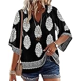 WIHOLL Boho Cute Summer Tops for Women 3/4 Sleeve Dressy Fashion V Neck Casual 2026 Business Beach Plus Size Holiday Blouses