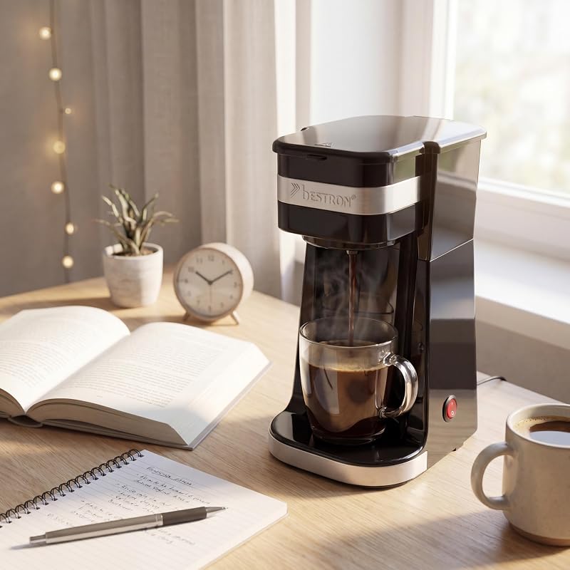 Caffettiera con tazza isolata, caffettiera da campeggio per caffè macinato con filtro, piccola caffettiera per 2 tazze grandi, 750 watt, acciaio inox, colore: argento