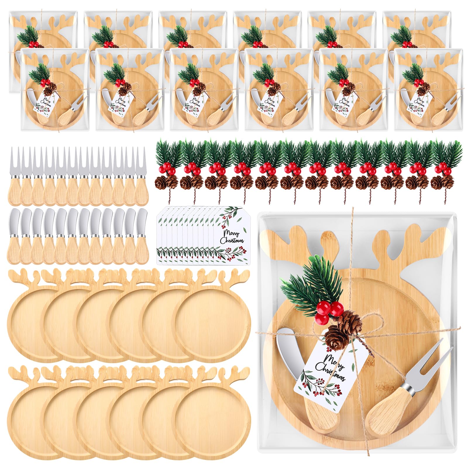Photo 1 of 12 Set Christmas Charcuterie Board Gifts Bulk, Christmas Kitchen Gifts Reindeer Shaped Wooden Serving Tray Board with Knives Fork Red Berry Decorative for Snacks Cheese Desserts Holiday Party Gift