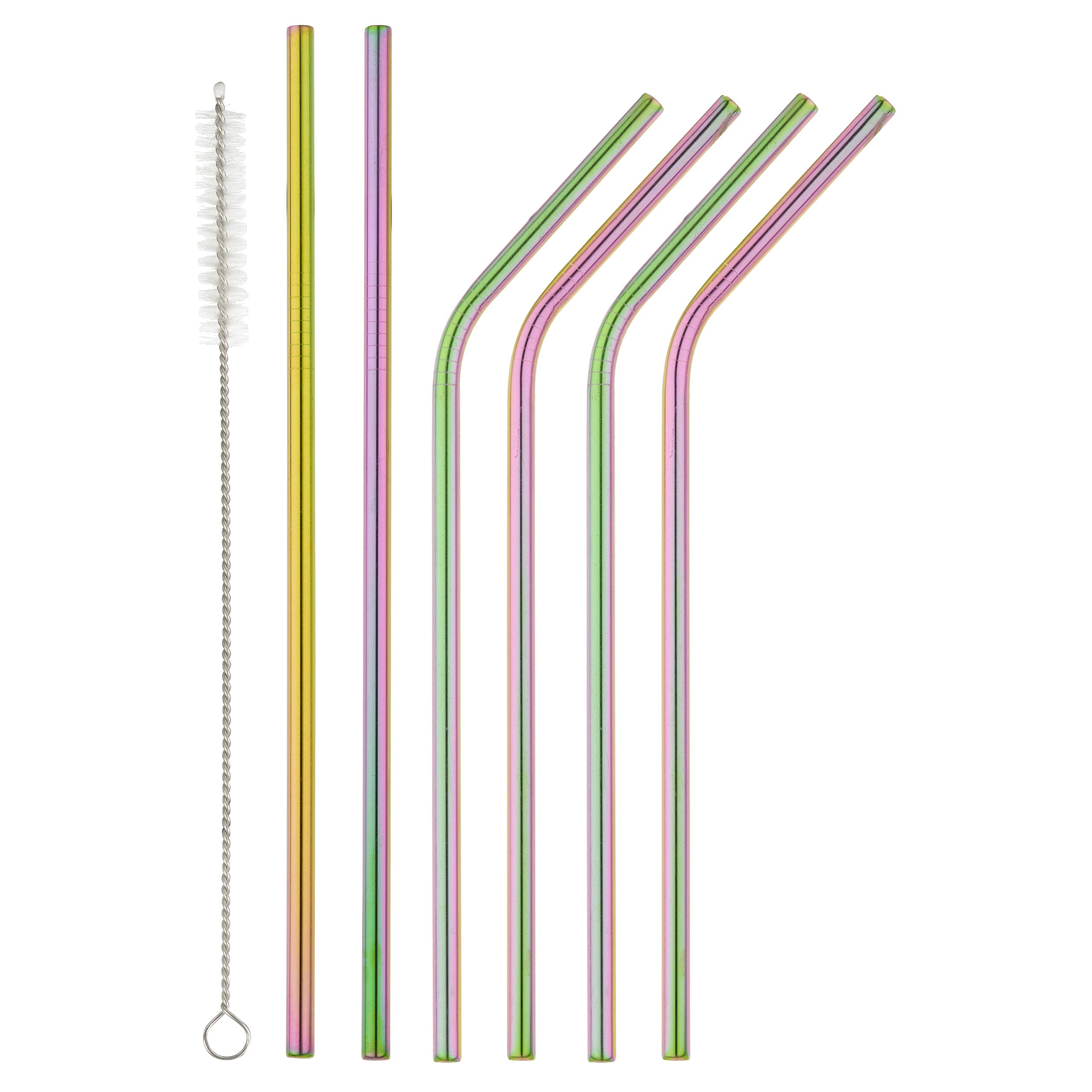 Homiu Forever Straws Includes Cleaning Brush Stainless Steel Eco-Friendly Reusable (Rainbow, 4 Bent + 2 Straight)
