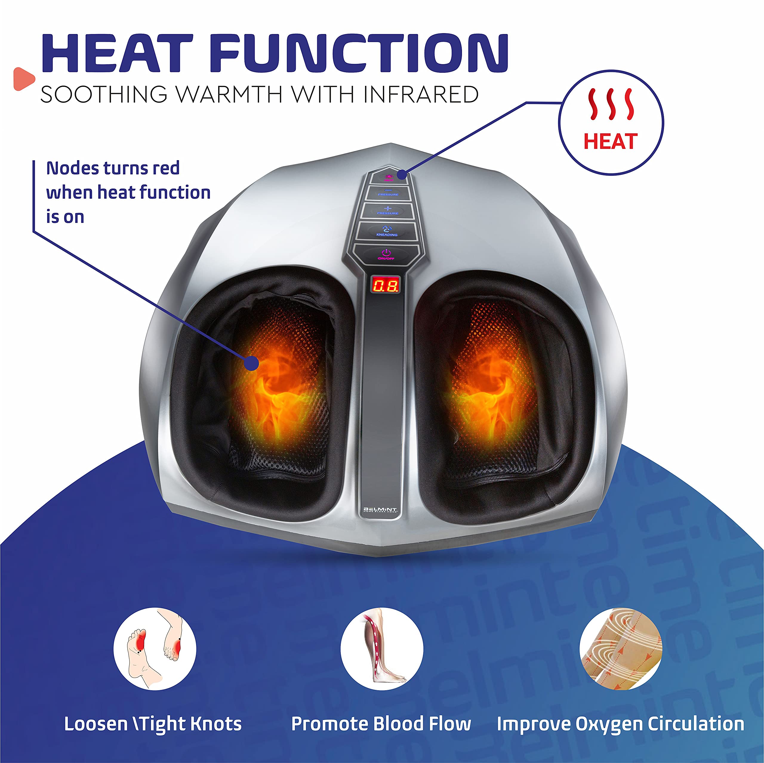 Belmint Shiatsu Foot Massager Machine - Electric Deep-Kneading Foot and Heel Pain Relief Massage with Switchable Heat, Air Compression for Plantar Fasciitis and Neuropathy with Non-Slip Rubber Feet
