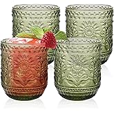 YTDTKJ 12oz Vintage Wine Glasses, Water Tumblers Set of 4, Glasses Drinking with Sunflower Design, Embossed Floral Glassware for Cocktail, Beer, Whiskey, Water and Juice Drinkware (Green)