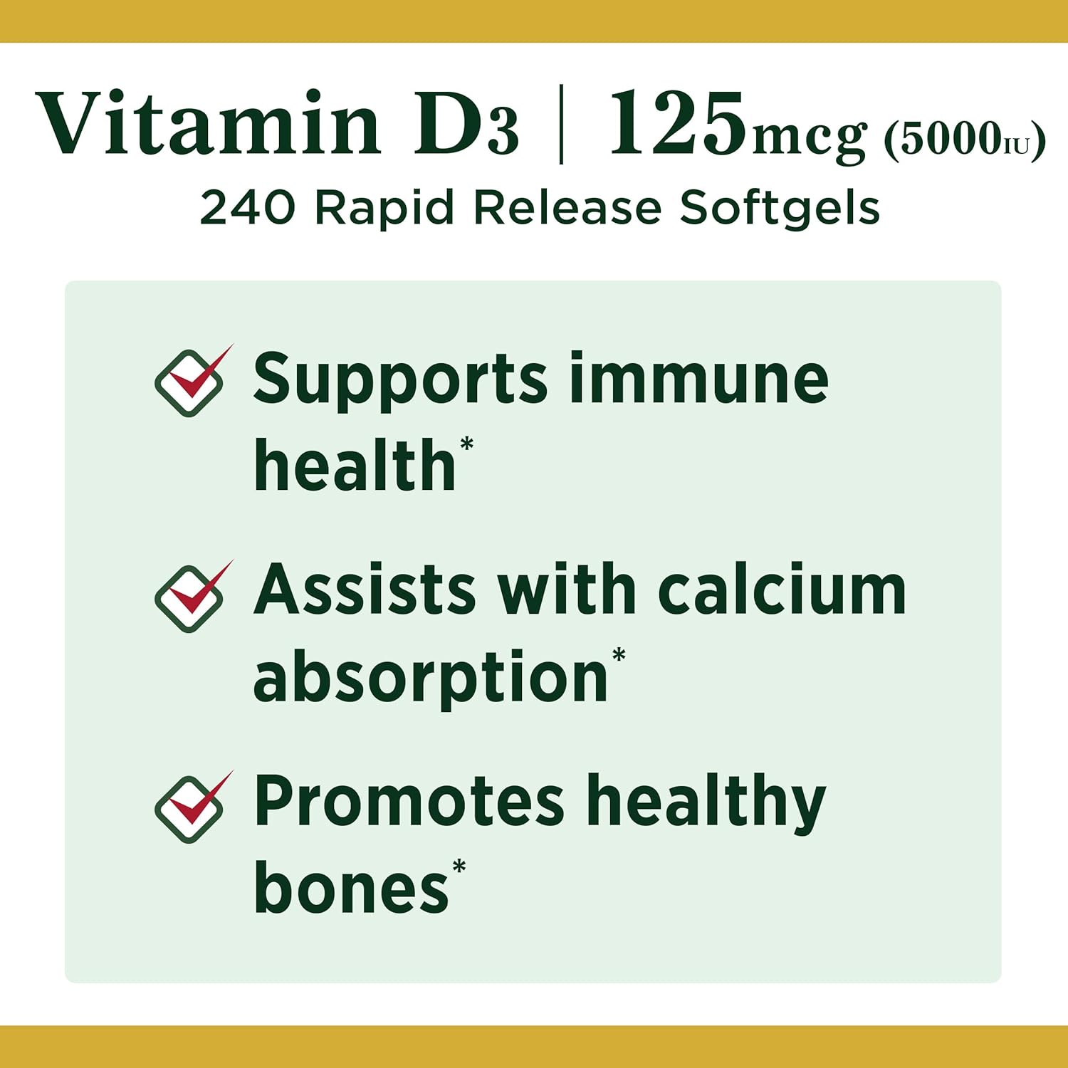 Vitamin D3 by Nature’s Bounty for Immune Support. Vitamin D Provides Immune Support and Promotes Healthy Bones. 125 mcg (5000iu), 240 Softgels: Health & Personal Care