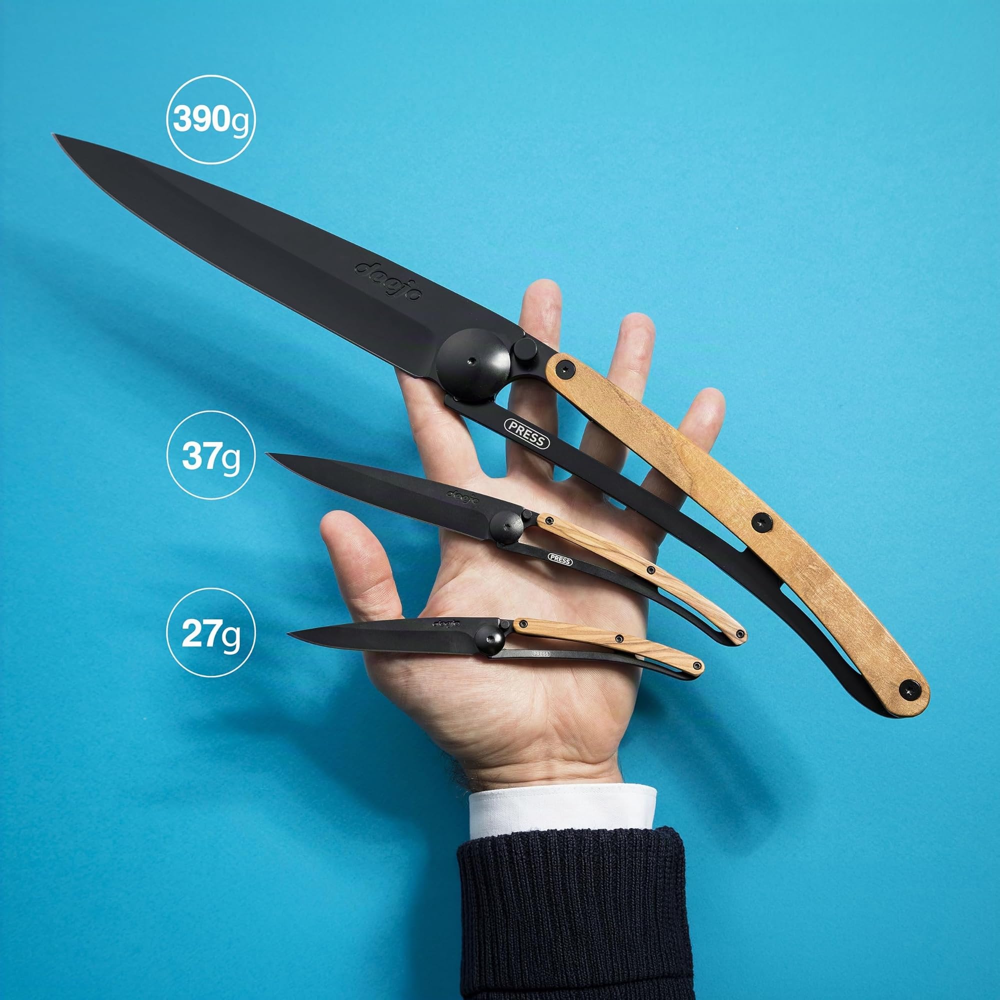 deejo – Klappbares Taschenmesser 27 g mit Gürtelclip – Griff aus Kohlefaser, Klinge aus Edelstahl Z40C13 – Motiv Young Timer – Tischmesser, Wandern, Camping, Biwak 4