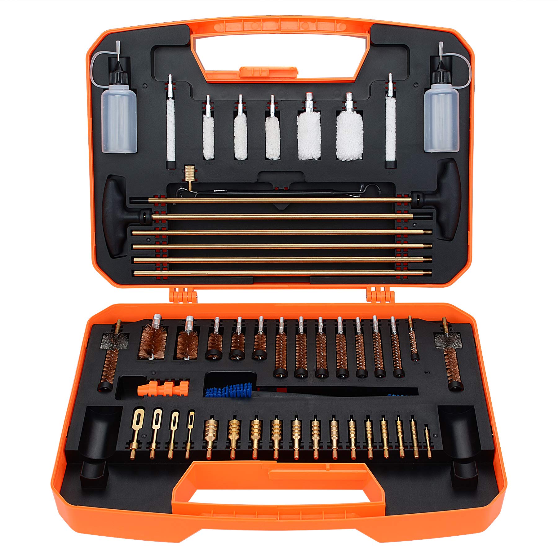 BOOSTEADY Gun Cleaning Kit Rifle Pistol Shotgun Universal Cleaning Kit for 20GA 12GA .45 .40 .357/.380/.38/9MM .338 .325/8mm .30/7.62MM .270 .250 .243 .22 .17 All Calibers-Brass&Orange Case