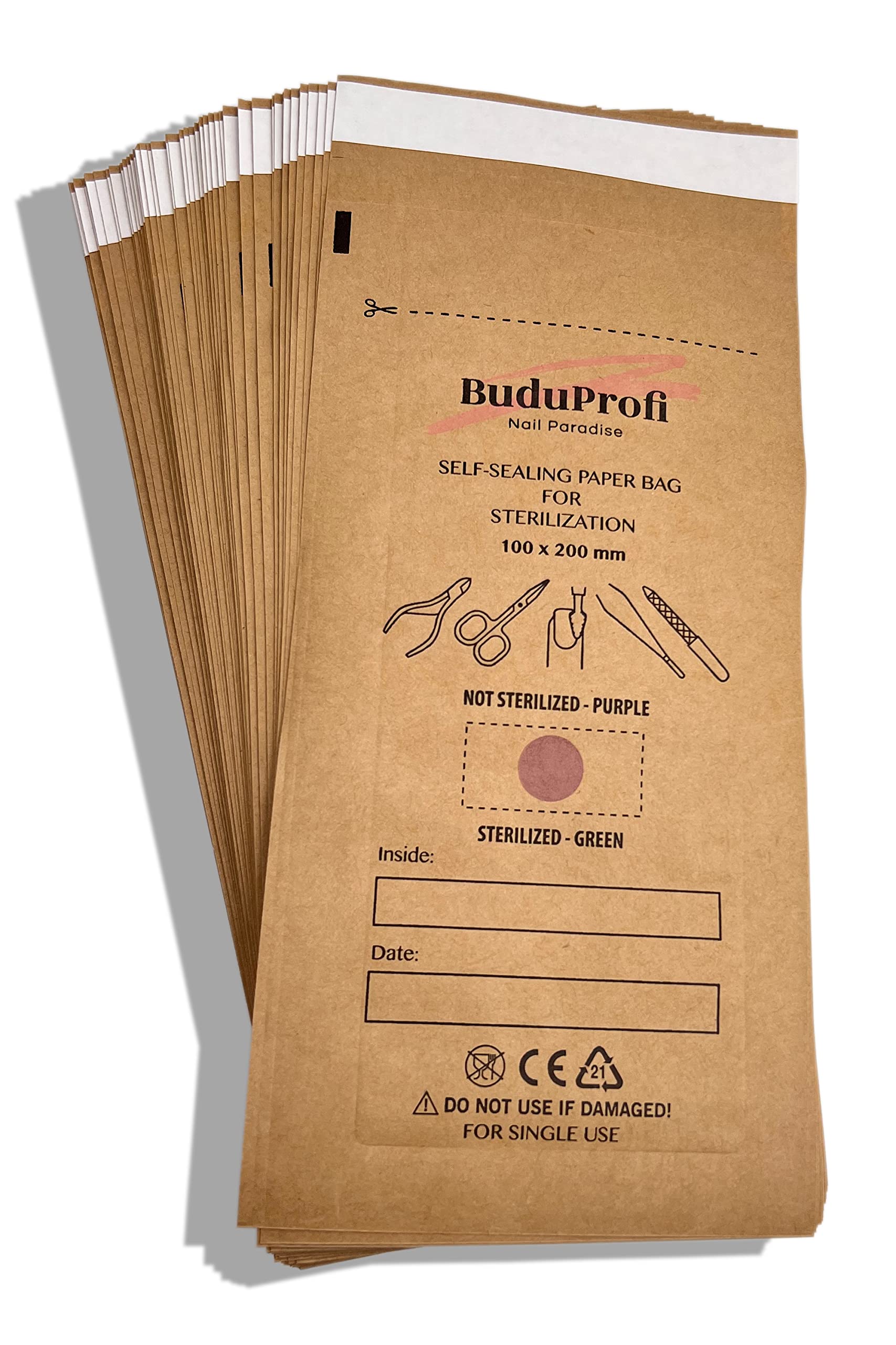 BuduProfi 100 Bags Sterilization Autoclave and Dry Oven Instruments Manicure Pedicure with Indicator and Seal (100 x 200 mm)