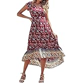 PRETTYGARDEN Women's Summer Maxi Dress Casual Floral V Neck Cap Sleeves Boho High Low Flowy Midi Long Sun Dresses