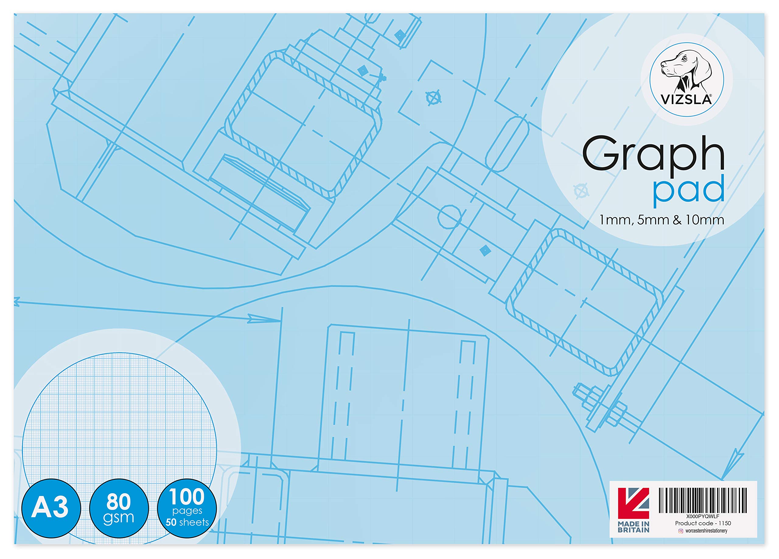 Vizsla, A3 Graph pad, 50 Sheets (100 Pages) 1mm, 5mm, 10mm Graph Paper