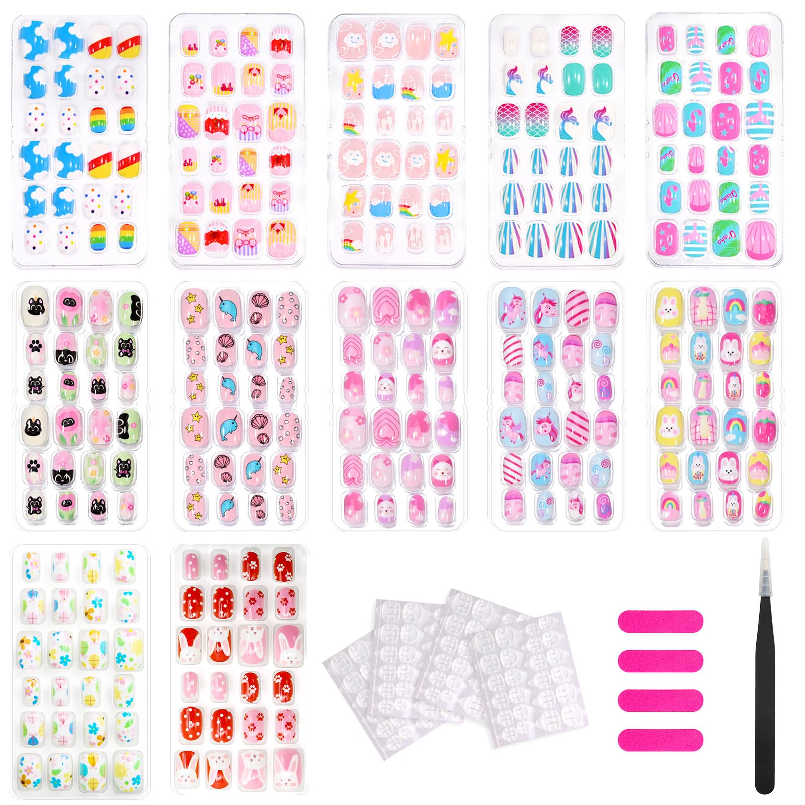 Scettar 288 Pieces Children Nails, Cartoon Kids Full Cover Short Fingernail, Ready to Wear Press-On Gel Nails for Children girl, Girls Children Nail Design Decoration