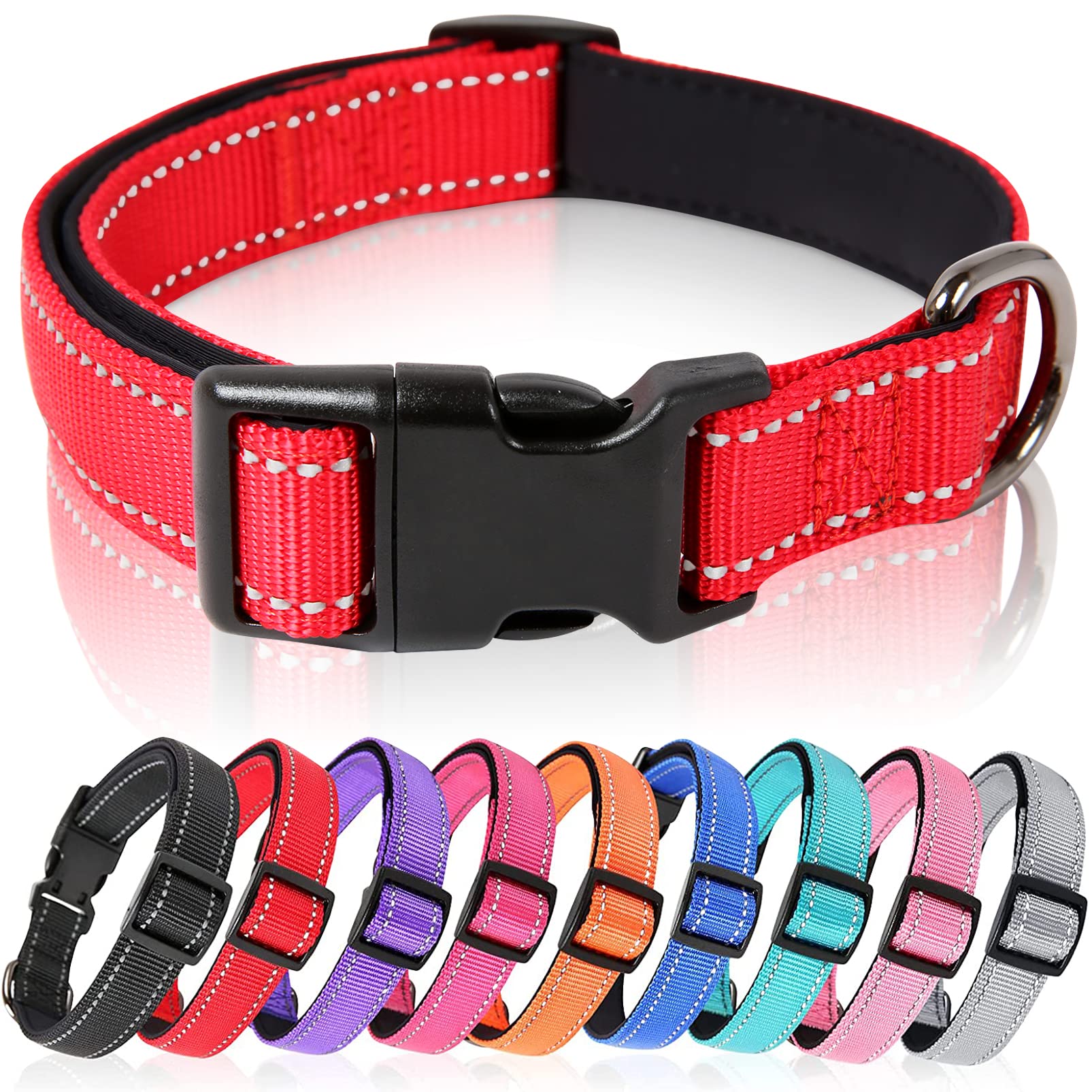 HEELE Dog Collar, Reflective Dog Collar, Soft Neoprene Padded Breathable Nylon Pet Collar Adjustable for Medium Dogs, Red, M(34-52cm)