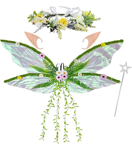 Lot De 4 Pièces Ailes De Fée Adulte Avec Oreilles Elfe, Baguette Et Couronne - Déguisement Fairy Wings Pour Halloween, Anniversaire Et Fêtes Thématiques
