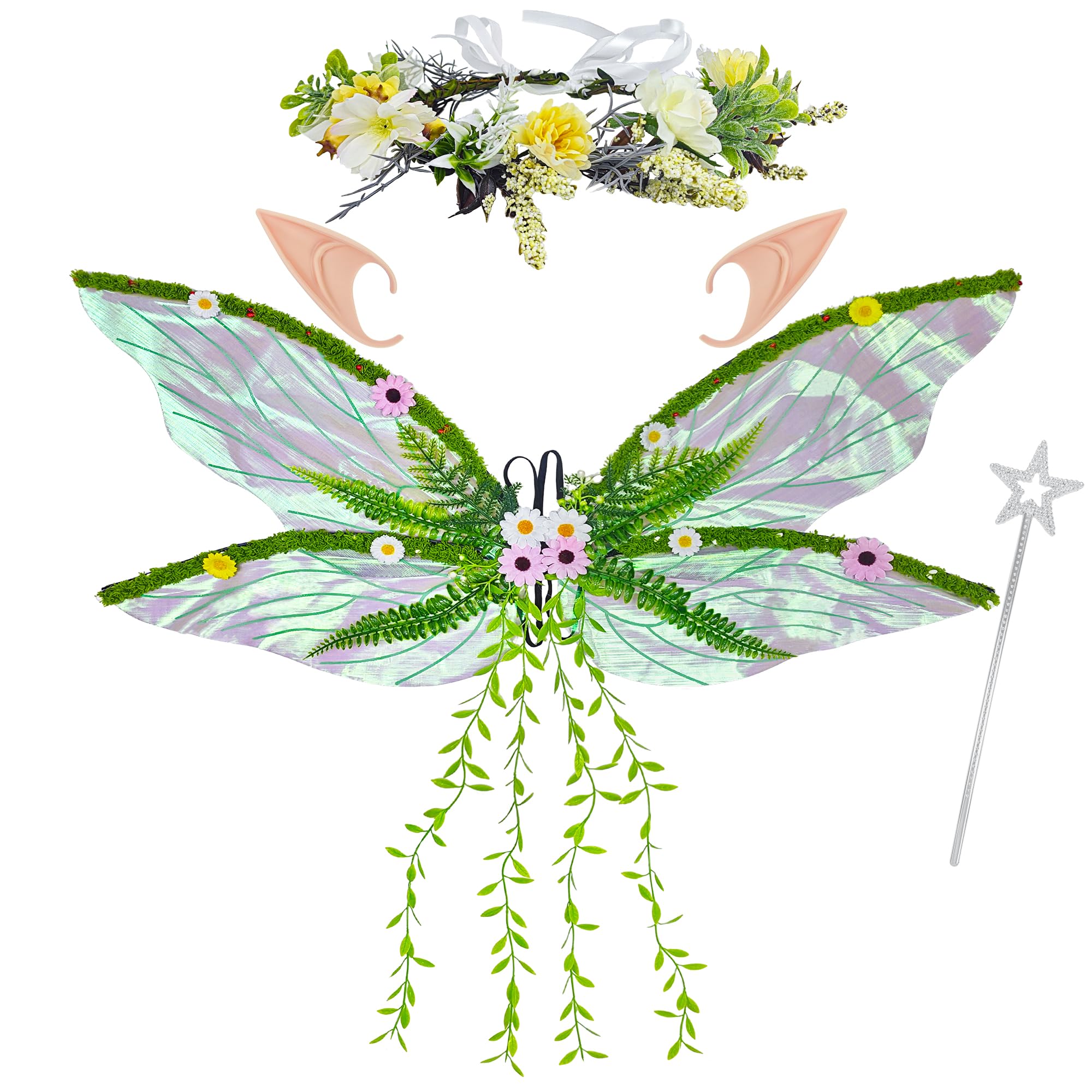 Vifcotlyp Fairy Wings Costume Set, Butterfly Wings Set with Elf Ears Flower Garland Wand Fairy Costume Accessories for Women Renaissance Halloween Cosplay