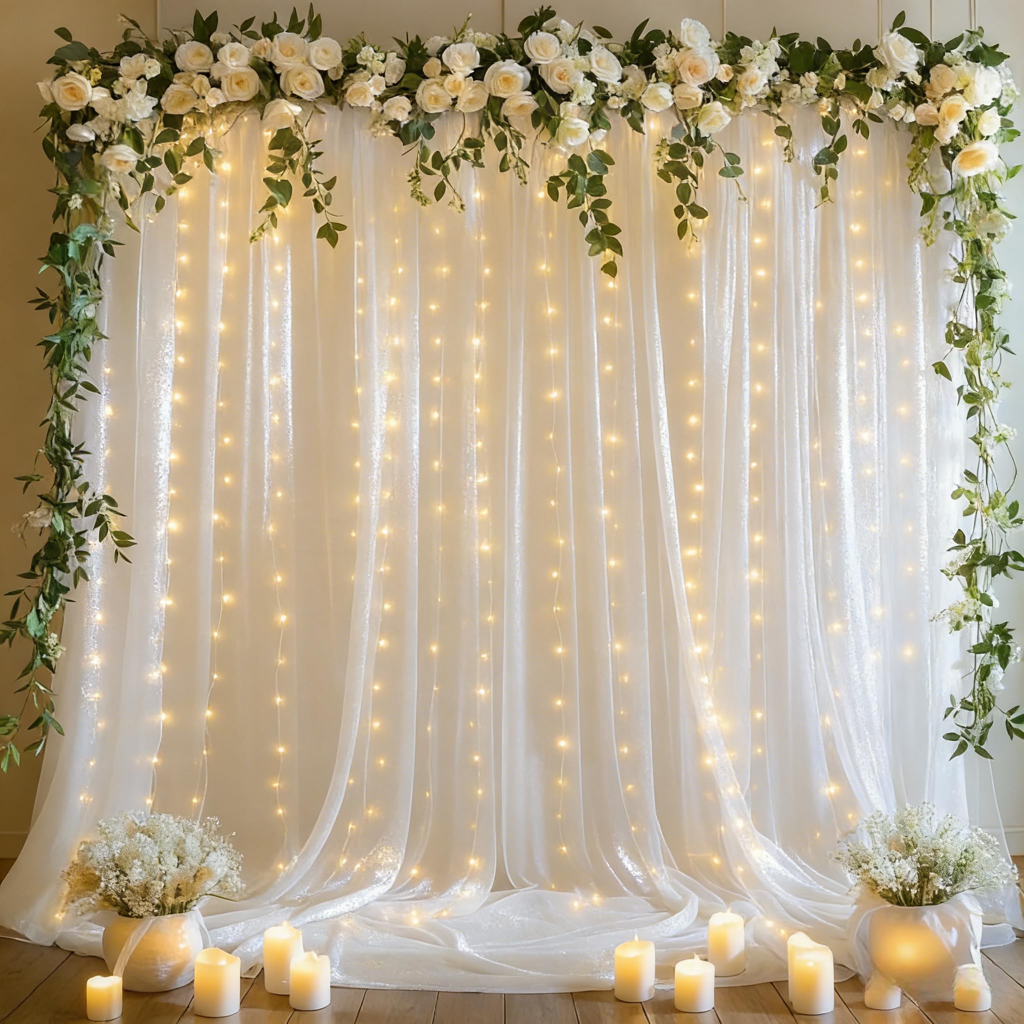 Photo 1 of 10x10ft White Tulle Backdrop Curtains with Lights String for Parties,Wrinkle Free Sheer Curtain with Lights Wedding Photo Backdop Drapes for Baby Shower Birthday Party Photography Home Decorations