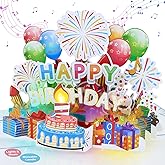 D4DREAM Jumbo Musical Birthday Card - Lights 3D Pop Up Birthday Cards for Women with Blowable Candle Birthday Cake, Gold Foil Firework Design Balloon for Men Women Kids, Envelope Message Card Include