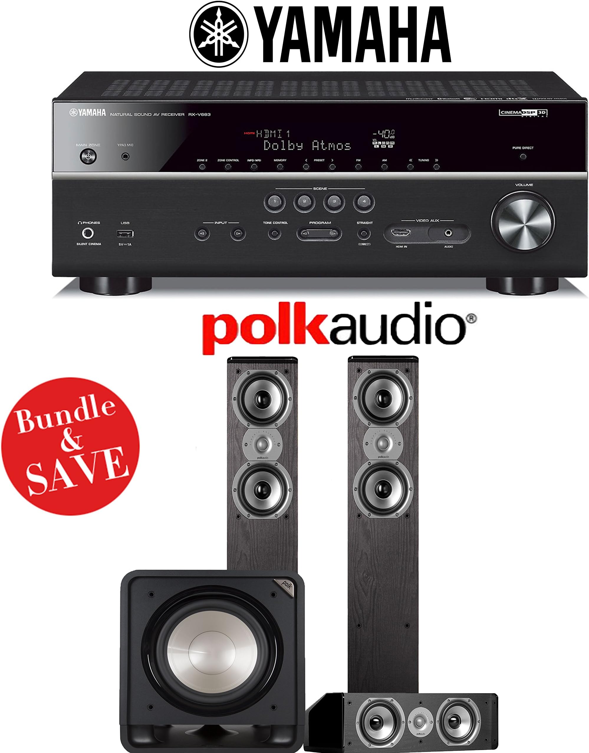 Yamaha RX-V683BL 7.2-Ch 4K Network AV Receiver + Polk Audio TSi 300 + Polk Audio CS10 + Polk Audio HTS12-3.1-Ch Home Theater Package